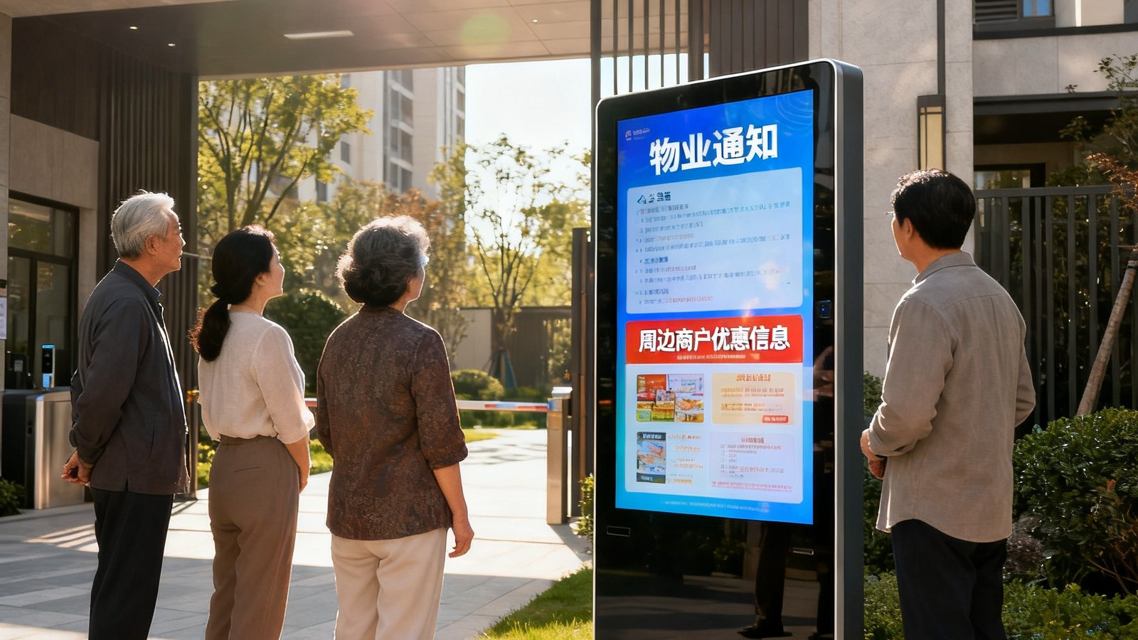 现代化住宅社区入口处的立式公告屏，几位居民正在查看屏幕上的物业通知和周边商户优惠信息，屏幕采用防眩光技术在户外阳光下依然清晰可见